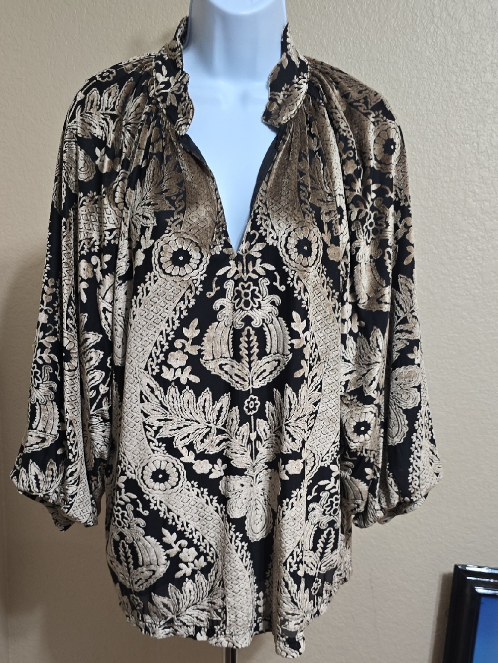 Black & Cream Paisley V-Neck Blouse